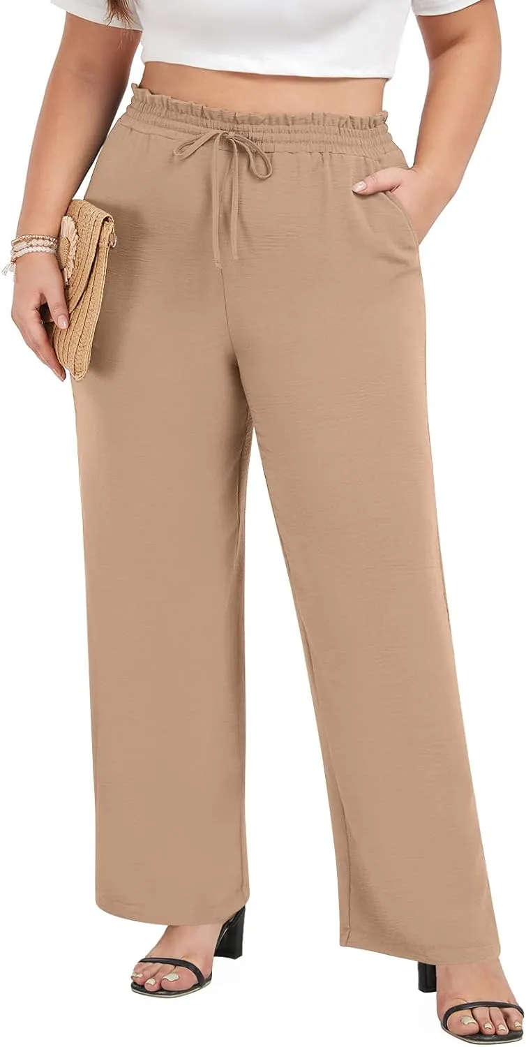 syoss Women's Plus Size Pants High Waist Adjustable Knot Lounge Pants Straight Long Trousers with Pockets