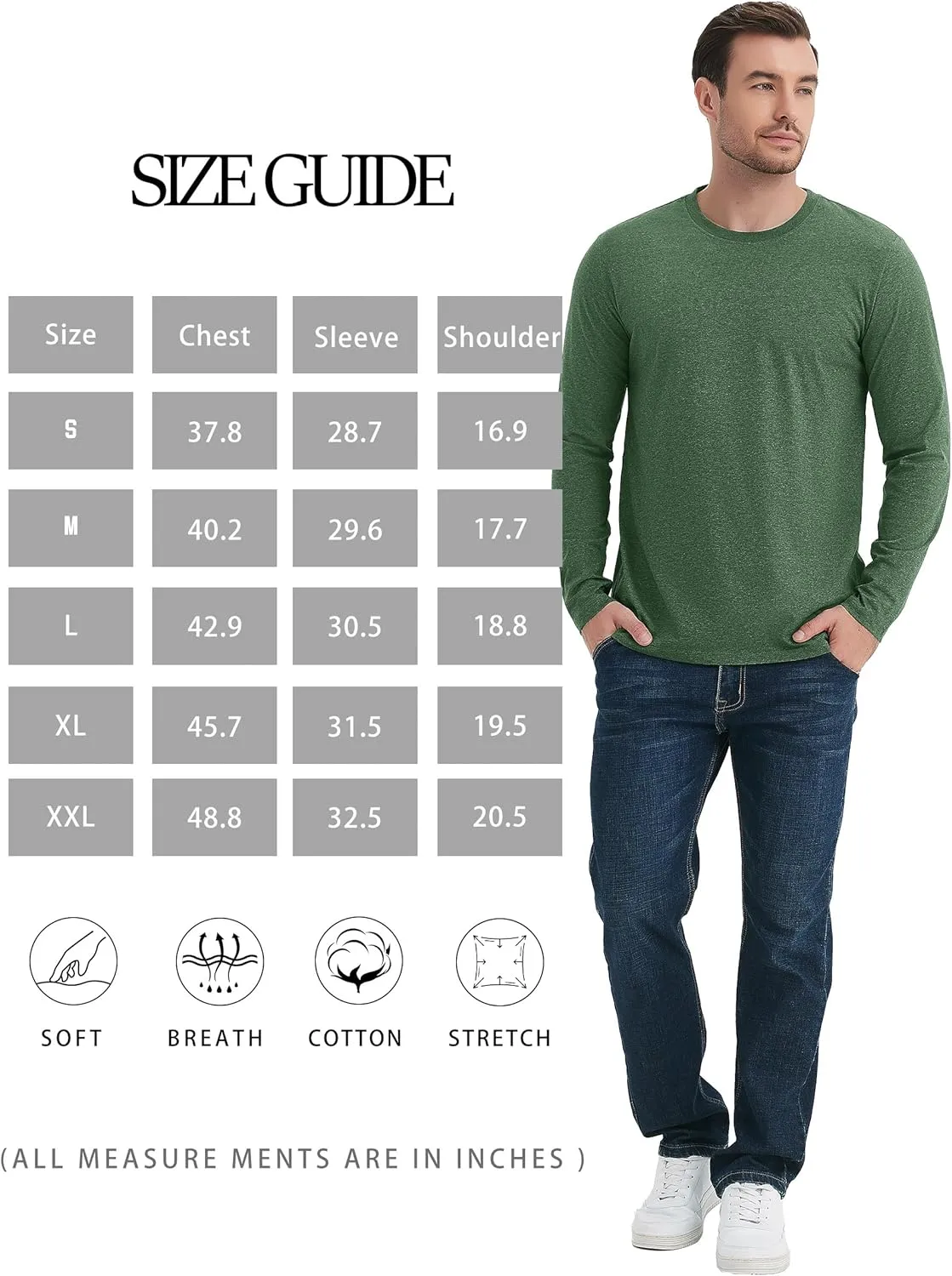 TACVASEN Long Sleeve Shirts for Men Cotton Classic Crew-Neck Moisture Wicking Mens Undershirt Comfort Solid Tee Shirt