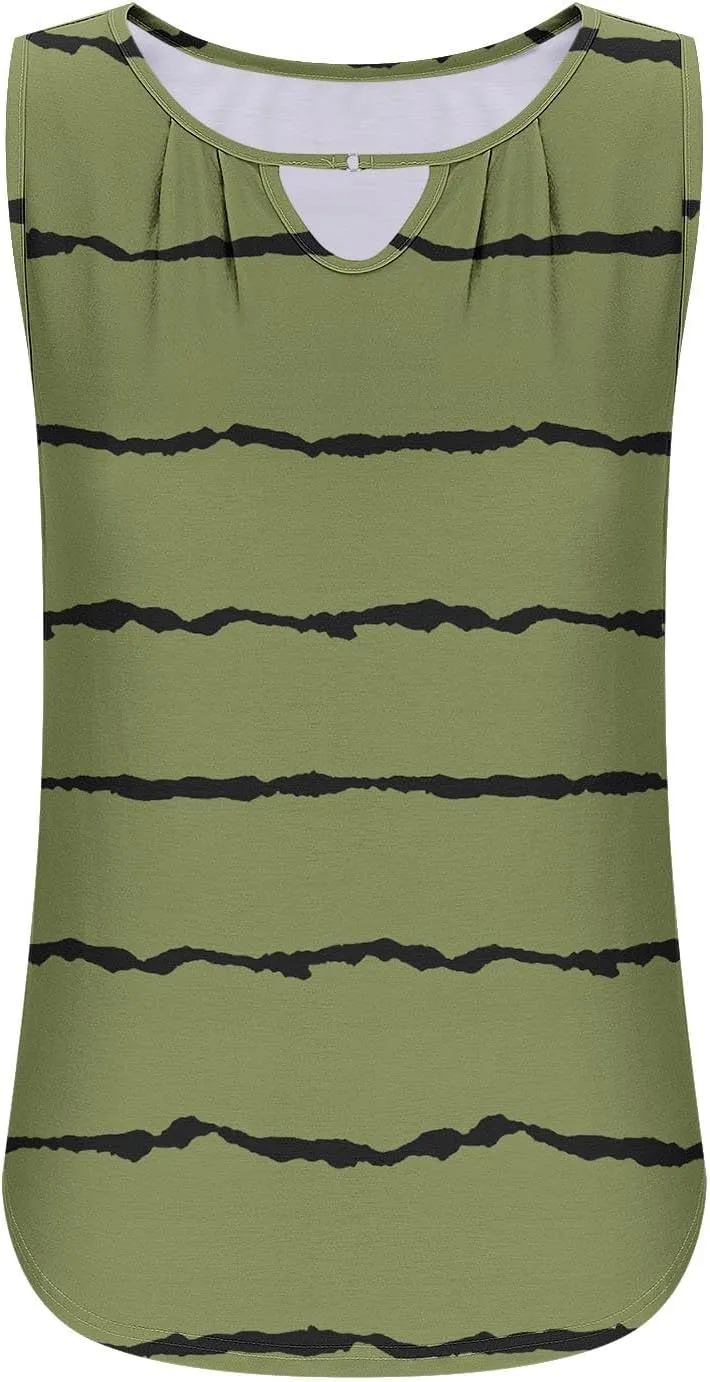 Tank Tops Women Striped Print Sleeveless Blouse Summer Hollow Out V Neck Camisoles Loose Fit Pleated Casual T-Shirt 2025