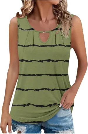 Tank Tops Women Striped Print Sleeveless Blouse Summer Hollow Out V Neck Camisoles Loose Fit Pleated Casual T-Shirt 2025