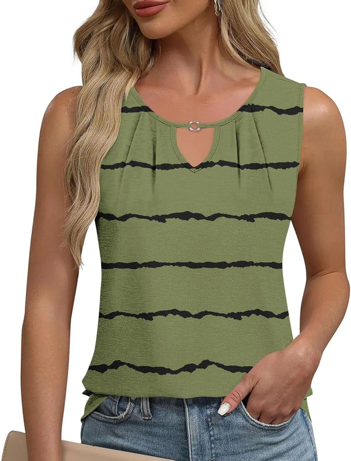 Tank Tops Women Striped Print Sleeveless Blouse Summer Hollow Out V Neck Camisoles Loose Fit Pleated Casual T-Shirt 2025