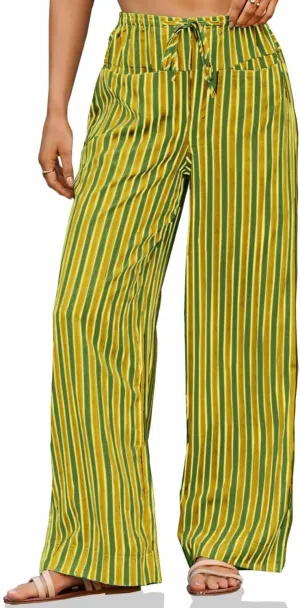 Tankaneo Womens Baggy Striped Pants Casual Loose Wide Leg Drawstring Elastic Waist Pants with Pockets