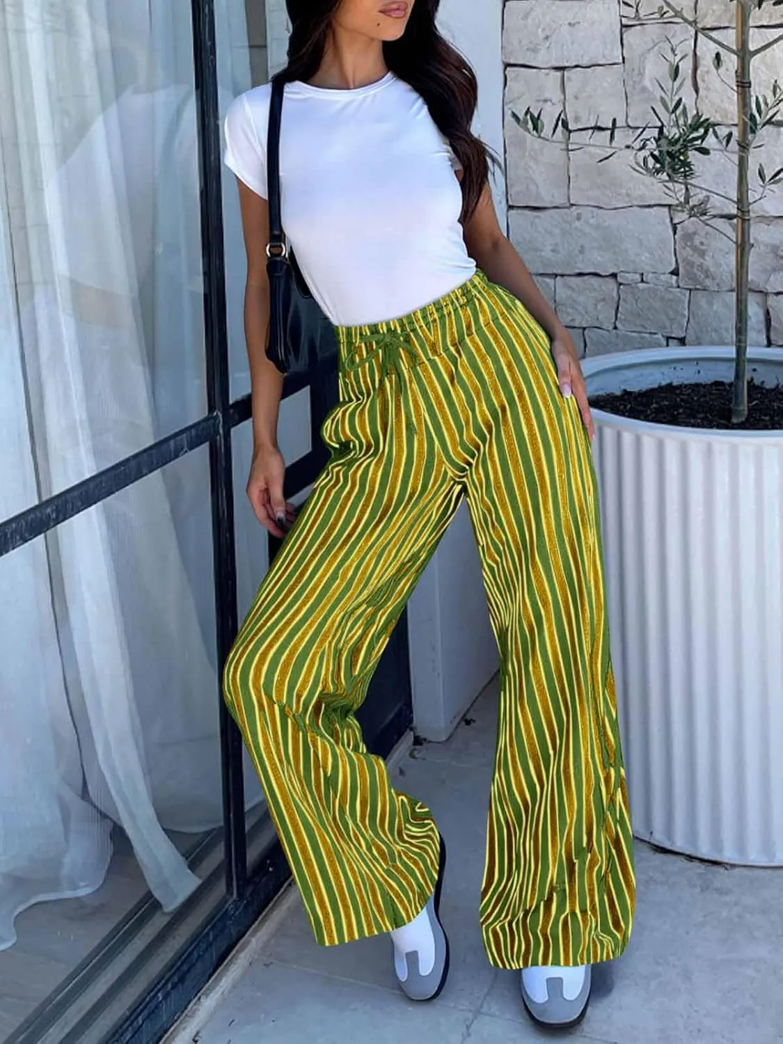Tankaneo Womens Baggy Striped Pants Casual Loose Wide Leg Drawstring Elastic Waist Pants with Pockets