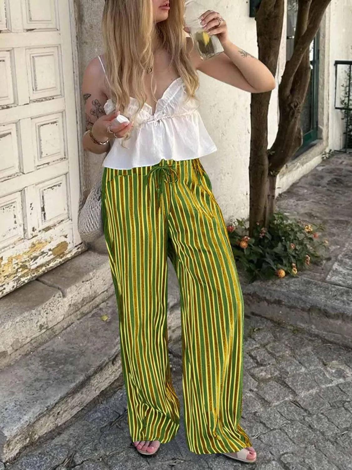Tankaneo Womens Baggy Striped Pants Casual Loose Wide Leg Drawstring Elastic Waist Pants with Pockets
