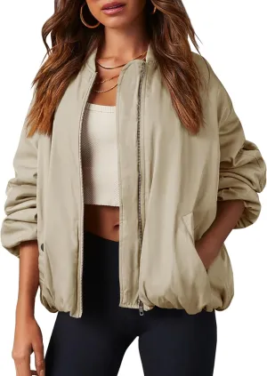 Tankaneo Womens Zip Up Bomber Jacket Oversized Fashion Casual Fully Lined Winter Coats With Pockets