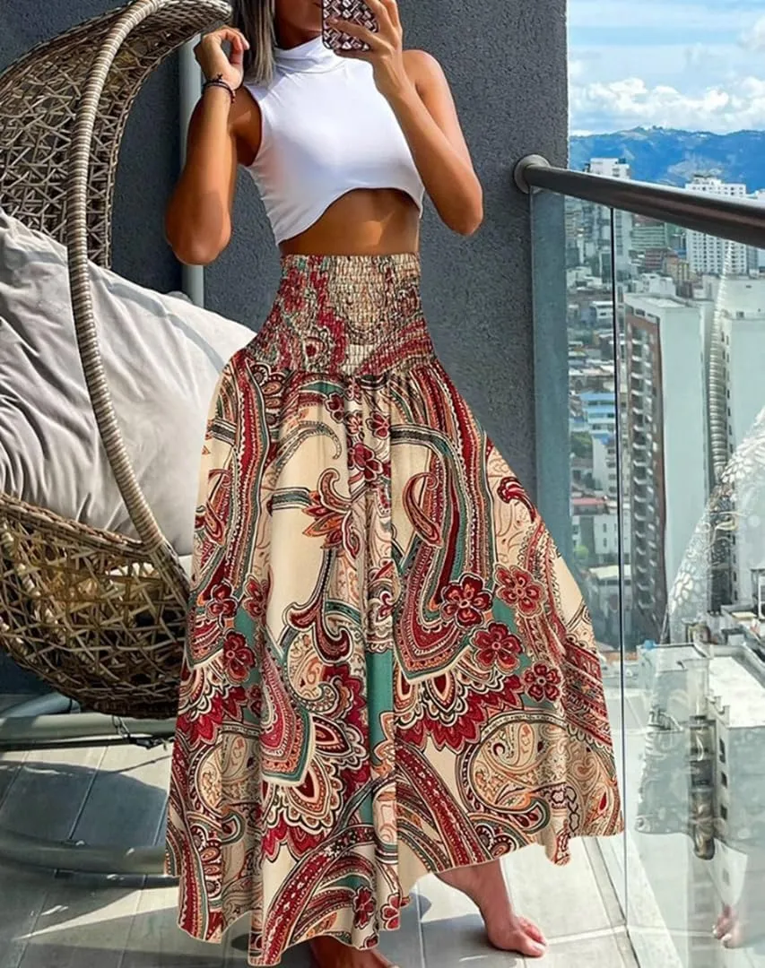 THLAI Womens Skirt Maxi Skirt Tropical Print A-Line Long Skirts Spring Summer Floral Skirt
