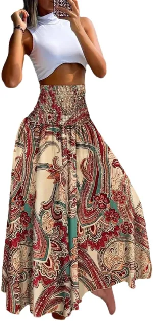 THLAI Womens Skirt Maxi Skirt Tropical Print A-Line Long Skirts Spring Summer Floral Skirt