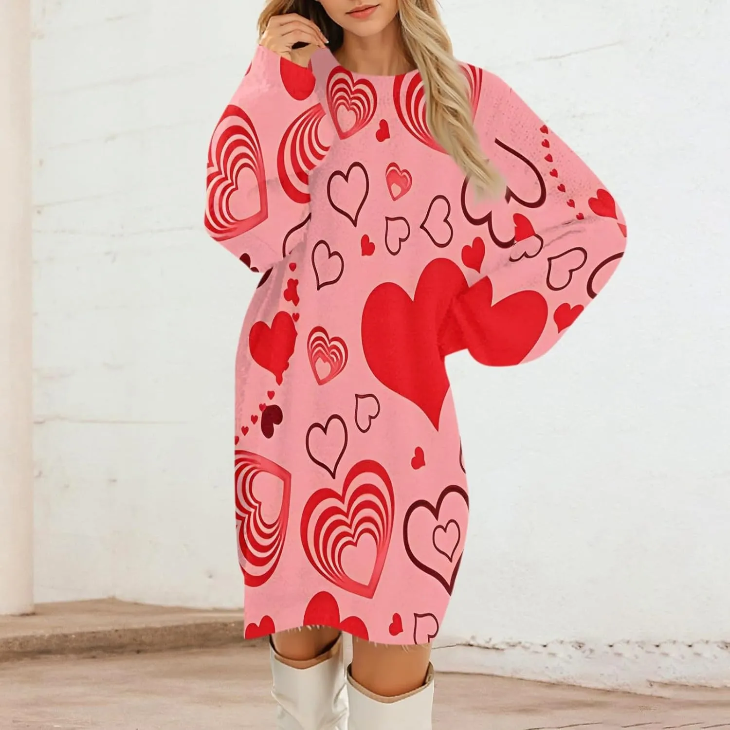 Valentines Day Dress for Women Round Neck Casual Long Sleeve Plush Plaid Dresses