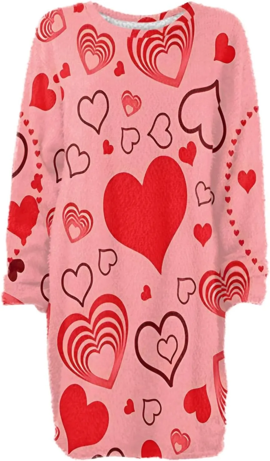 Valentines Day Dress for Women Round Neck Casual Long Sleeve Plush Plaid Dresses