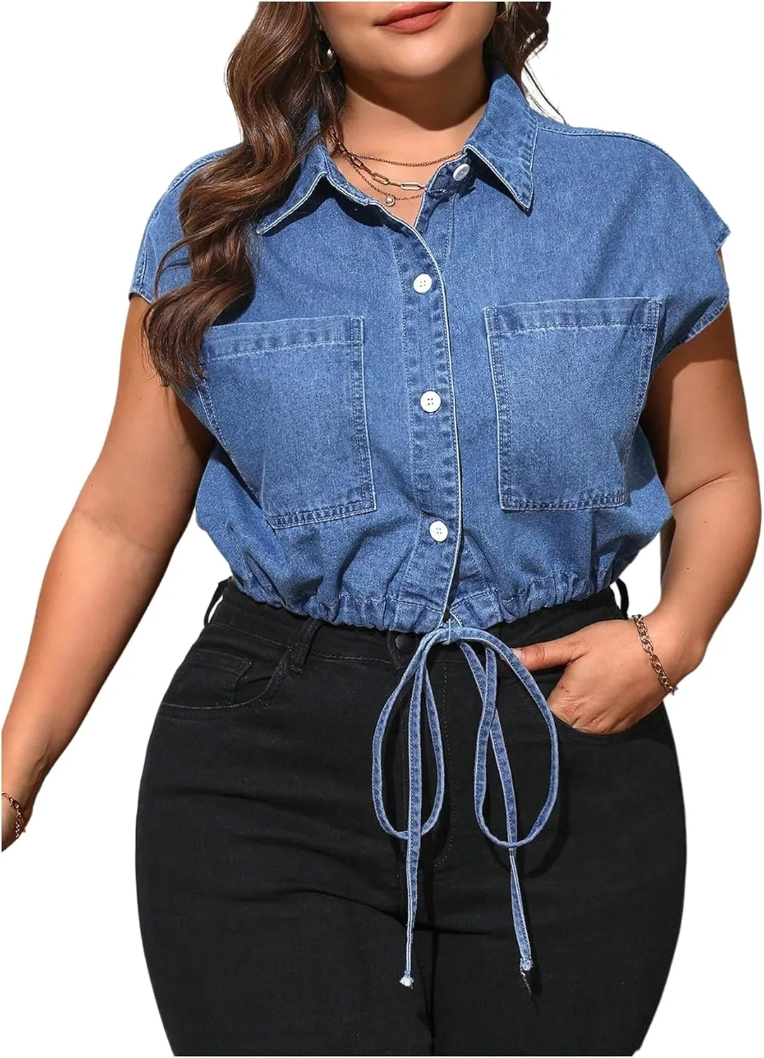 Verdusa Women's Plus Size Button Down Denim Vest Drawstring Cap Sleeve Crop Jackets with Pocket