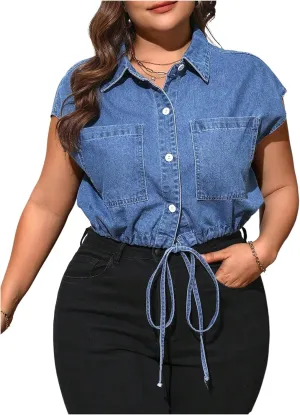 Verdusa Women's Plus Size Button Down Denim Vest Drawstring Cap Sleeve Crop Jackets with Pocket