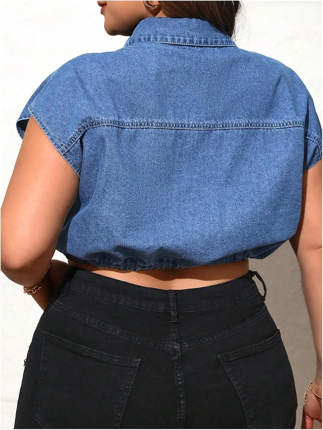 Verdusa Women's Plus Size Button Down Denim Vest Drawstring Cap Sleeve Crop Jackets with Pocket