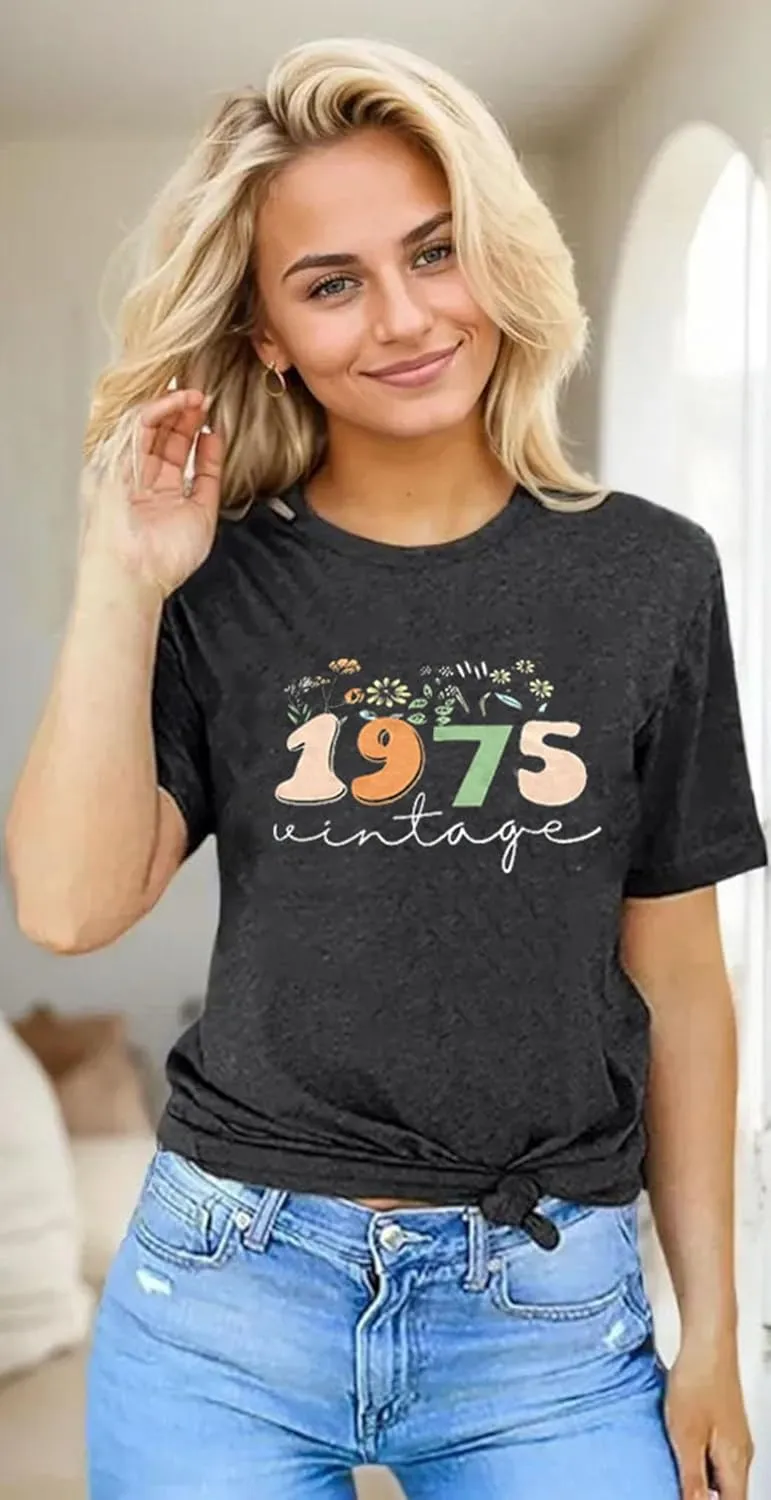 Vintage 1975 T-Shirt for Women 50th Birthday Gift Shirts Funny Flower Graphic Retro Birthday Casual Tee Tops