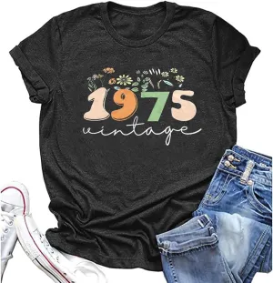 Vintage 1975 T-Shirt for Women 50th Birthday Gift Shirts Funny Flower Graphic Retro Birthday Casual Tee Tops