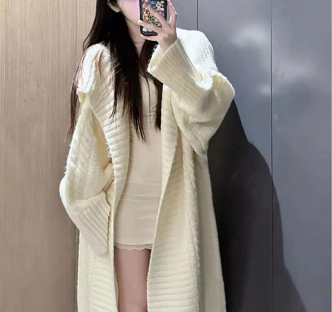 Vintage Lapel Long Sweater Coat 2023 New Loose Large Size Knit Cardigan Large Lapel Long Lazy Style Knit Sweater Coat
