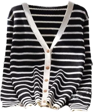 Vsadsau Women's Striped Knit Cardigan Sweater V-Neck Casual Loose Long Sleeve Buttons Jumper
