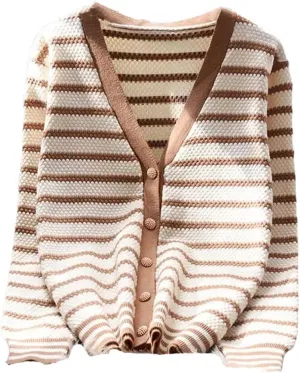 Vsadsau Women's Striped Knit Cardigan Sweater V-Neck Casual Loose Long Sleeve Buttons Jumper