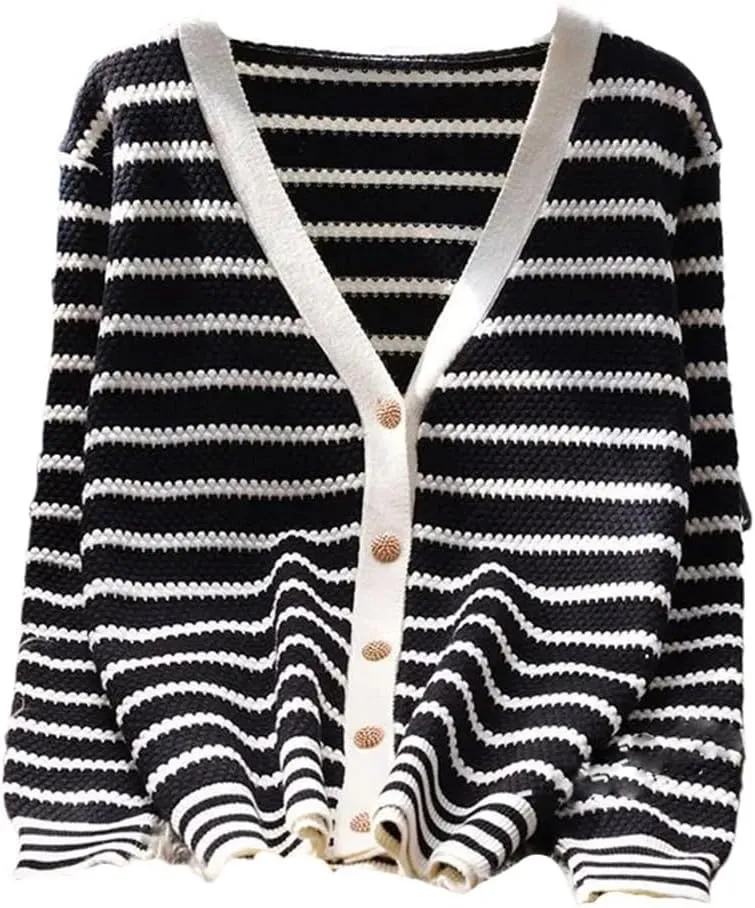 Vsadsau Women's Striped Knit Cardigan Sweater V-Neck Casual Loose Long Sleeve Buttons Jumper
