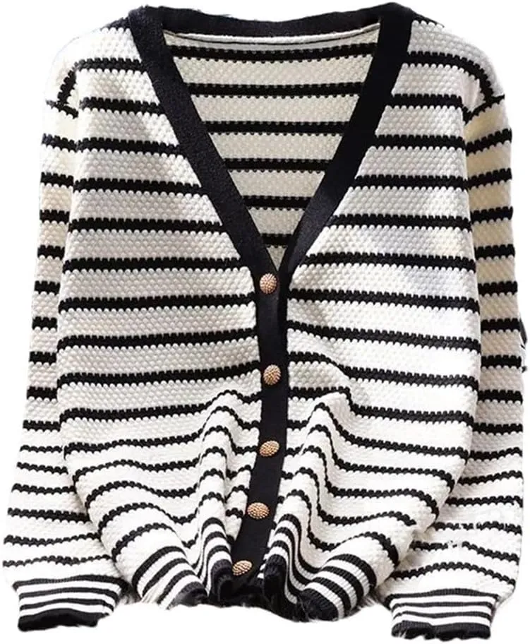 Vsadsau Women's Striped Knit Cardigan Sweater V-Neck Casual Loose Long Sleeve Buttons Jumper