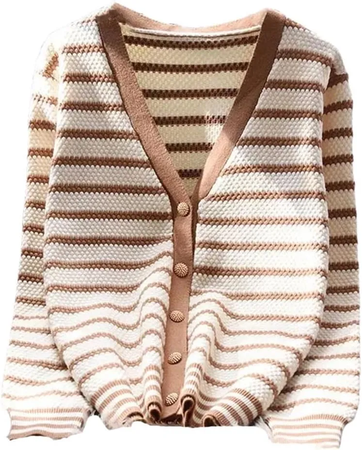 Vsadsau Women's Striped Knit Cardigan Sweater V-Neck Casual Loose Long Sleeve Buttons Jumper
