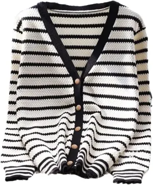 Vsadsau Women's Striped Knit Cardigan Sweater V-Neck Casual Loose Long Sleeve Buttons Jumper