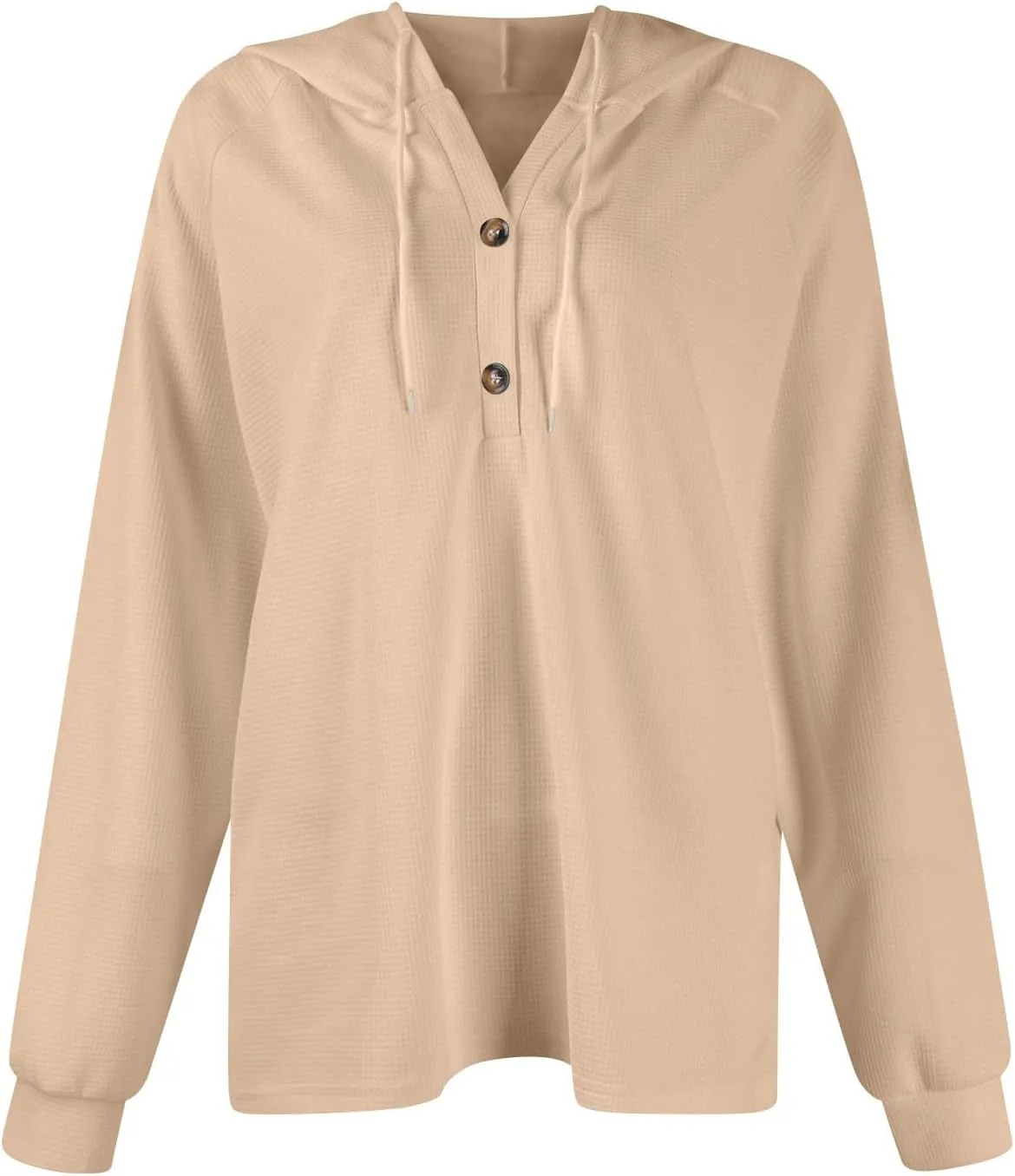 Waffle Knit Hooded Tops for Women Fall Trendy Button V Neck Pullover Sweatshirt Casual Long Sleeve Drawstring Hoodies