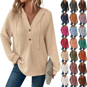 Waffle Knit Hooded Tops for Women Fall Trendy Button V Neck Pullover Sweatshirt Casual Long Sleeve Drawstring Hoodies