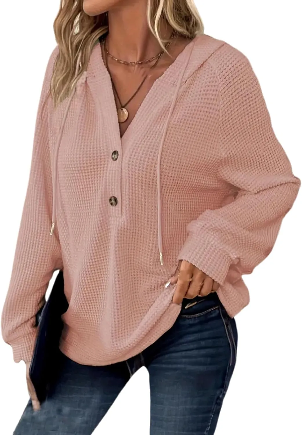 Waffle Knit Hooded Tops for Women Fall Trendy Button V Neck Pullover Sweatshirt Casual Long Sleeve Drawstring Hoodies