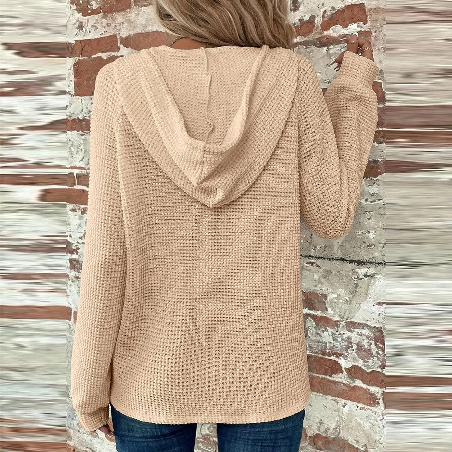 Waffle Knit Hooded Tops for Women Fall Trendy Button V Neck Pullover Sweatshirt Casual Long Sleeve Drawstring Hoodies