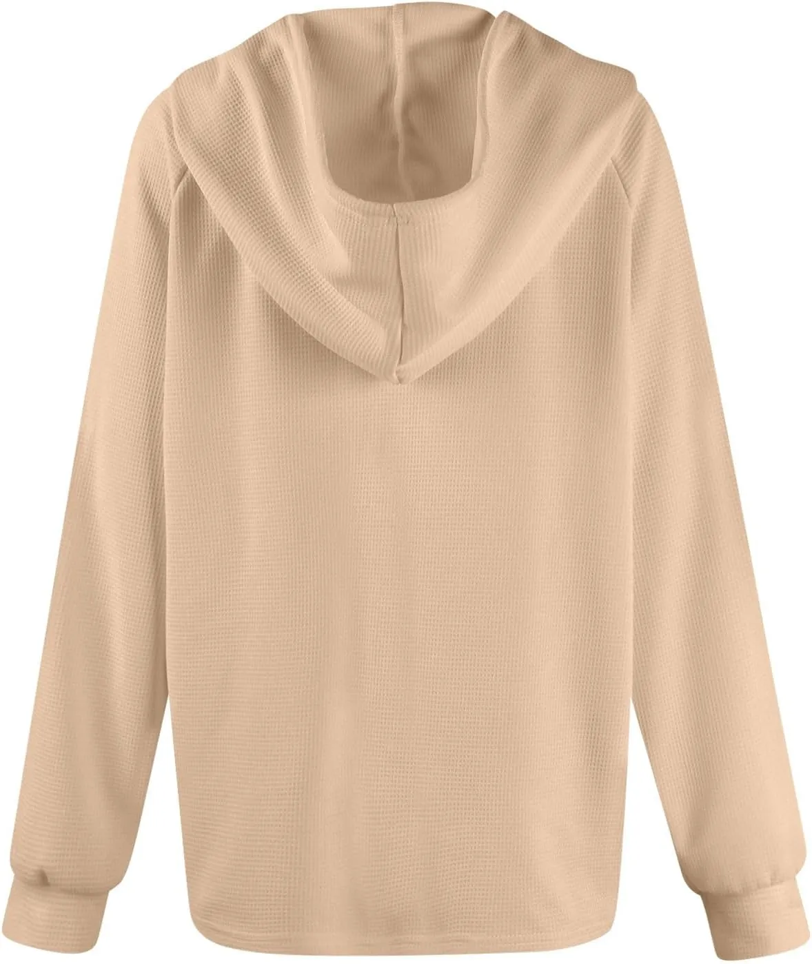 Waffle Knit Hooded Tops for Women Fall Trendy Button V Neck Pullover Sweatshirt Casual Long Sleeve Drawstring Hoodies