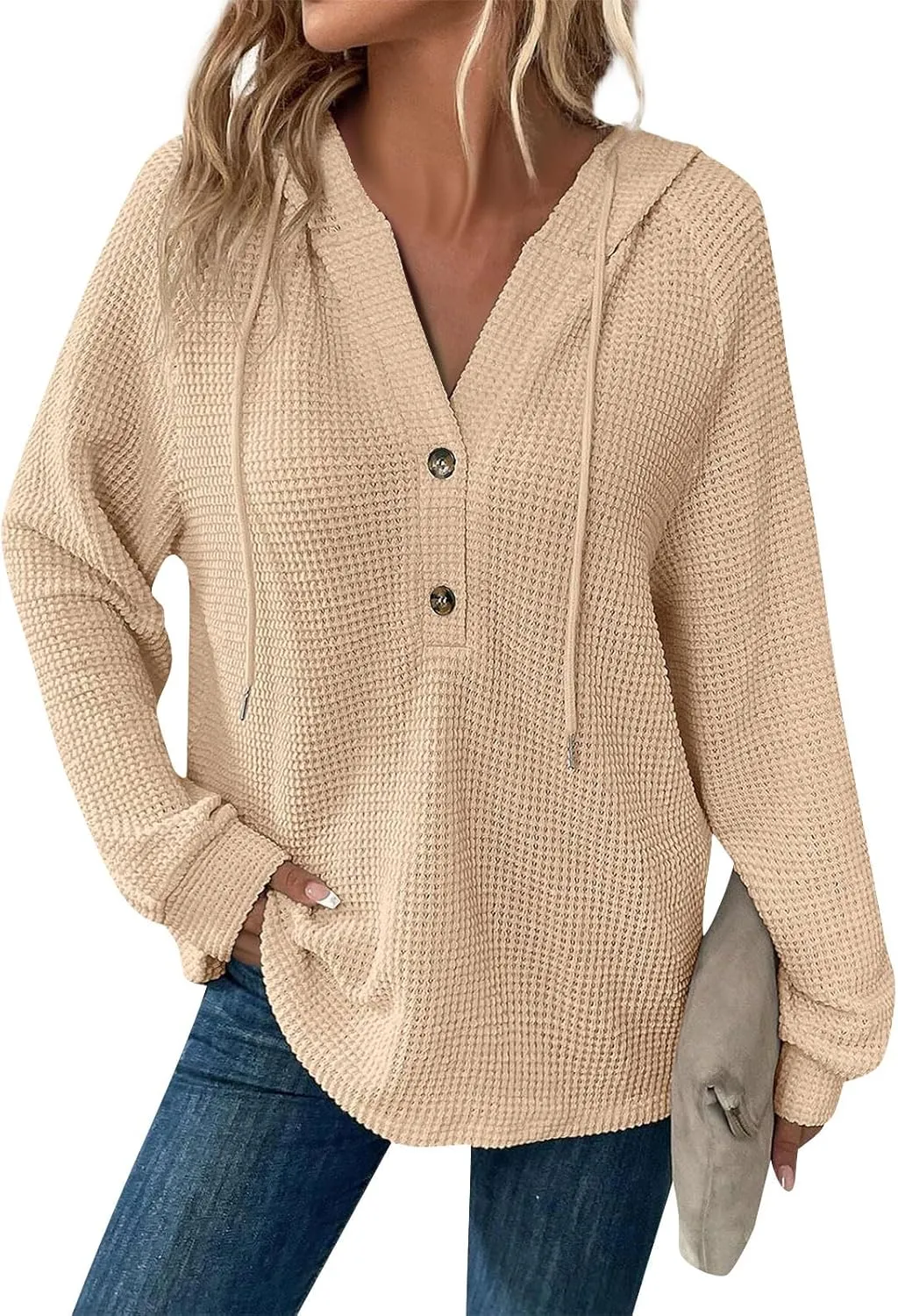 Waffle Knit Hooded Tops for Women Fall Trendy Button V Neck Pullover Sweatshirt Casual Long Sleeve Drawstring Hoodies