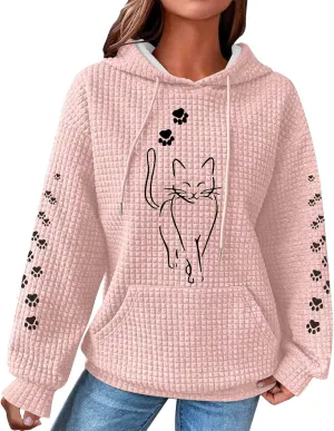 Waffle Knit Hoodies for Women Cute Cat Print Long Sleeve Drawstring Sweatshirt Trendy Loose Fall Pullover Tops with Pocket
