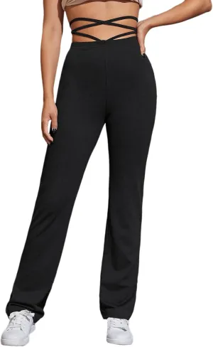 WDIRARA Women's Cut Out Wide Leg Flare Pants High Waist Stretch Self Tie Solid Long Pants