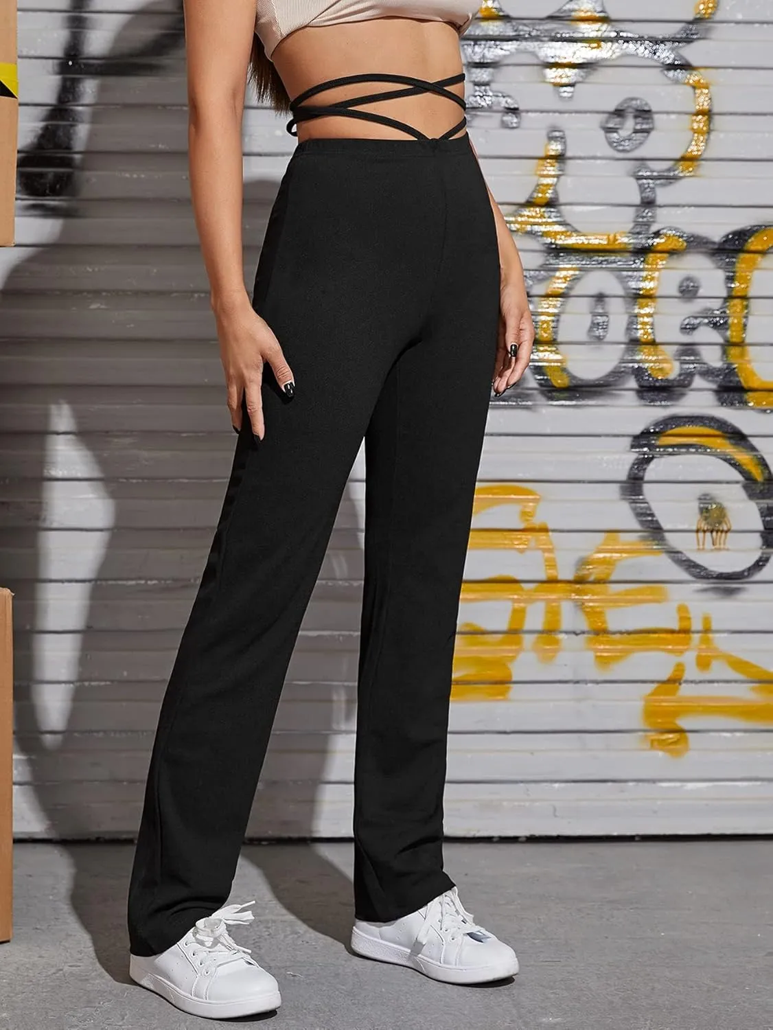 WDIRARA Women's Cut Out Wide Leg Flare Pants High Waist Stretch Self Tie Solid Long Pants