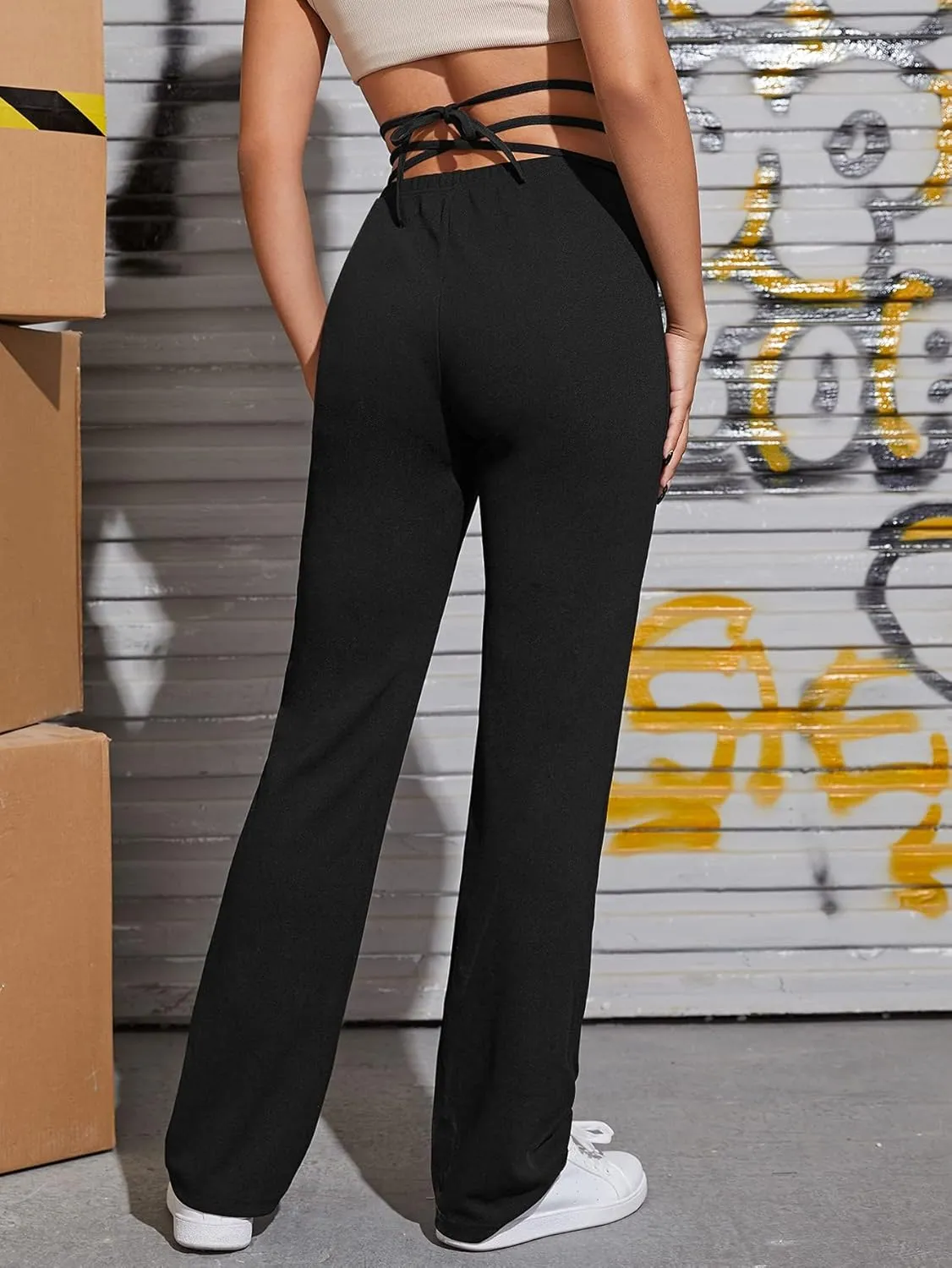 WDIRARA Women's Cut Out Wide Leg Flare Pants High Waist Stretch Self Tie Solid Long Pants