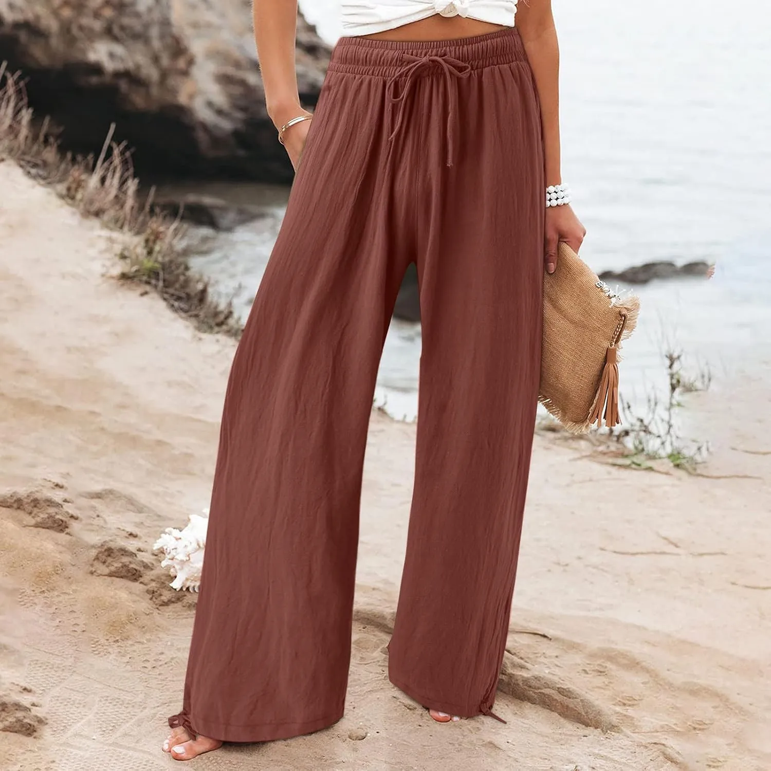 Wide Leg Linen Pants for Women Casual Summer Palazzo Pants Lightweight High Waisted Flowy Beach Pants 2024 Fashion