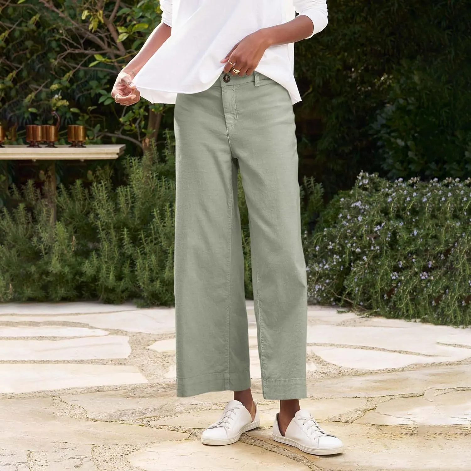 Wide Leg Linen Pants Women Cropped Elastic High Waisted Dress Pants Business Casual Comfy Work Trousers with Pockets