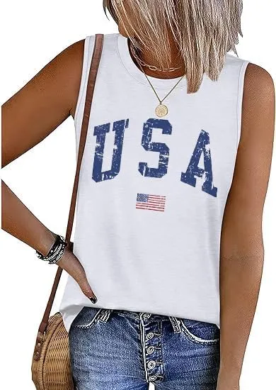 Women 4th of July Patriotic Tank Tops USA Flag American Independence Day Shirts Memorial Day Tops BBQ Tee