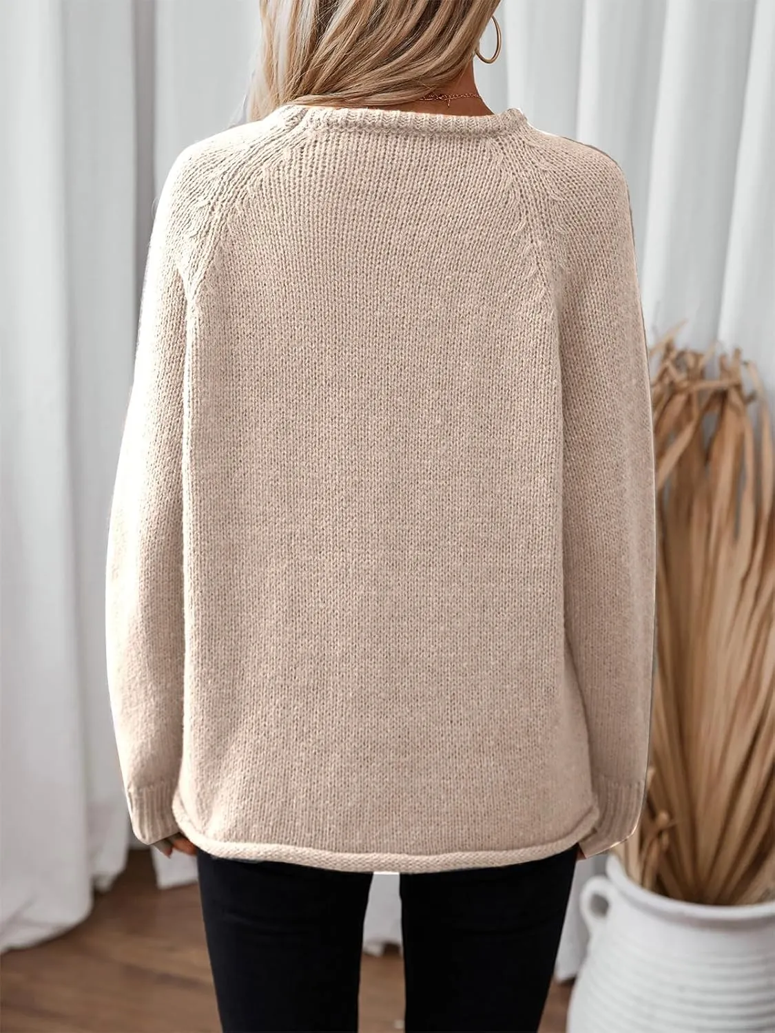 Women Casual Long Sleeve Fall Sweaters Crew Neck Solid Color Soft Ribbed Knitted Curling Pullover