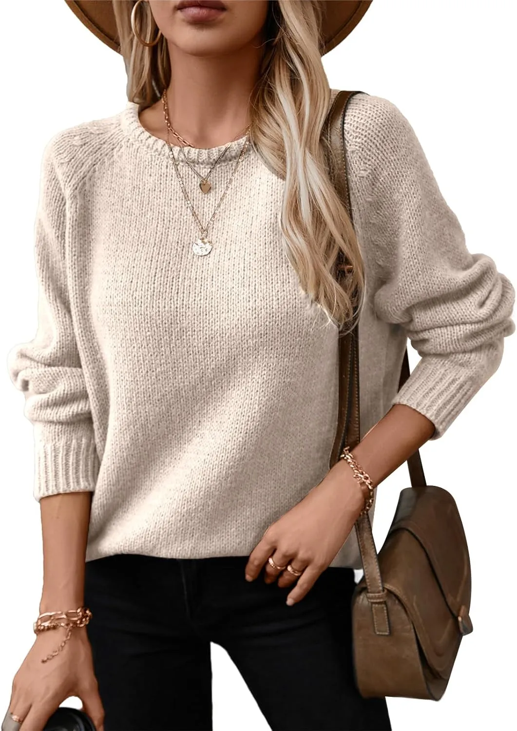 Women Casual Long Sleeve Fall Sweaters Crew Neck Solid Color Soft Ribbed Knitted Curling Pullover
