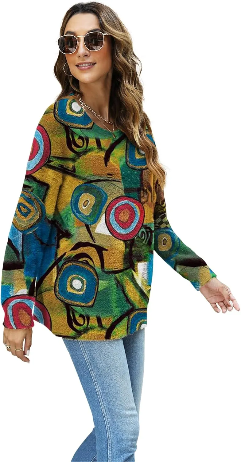 Women Christmas Sweater Graphic Oversized Long Sleeve Boho Printed Loose Fit Casual Knit Pullover Sweaters Top