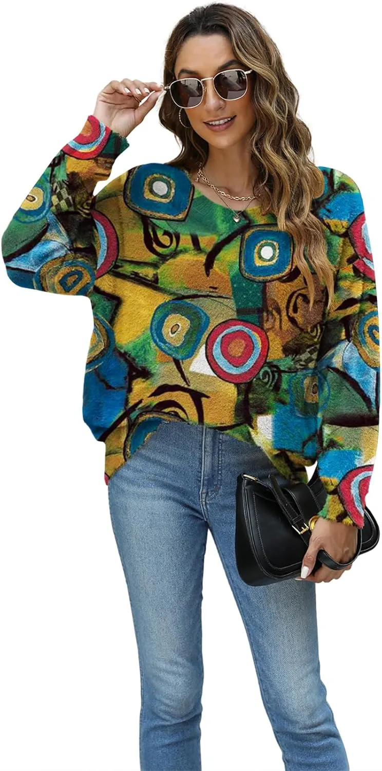 Women Christmas Sweater Graphic Oversized Long Sleeve Boho Printed Loose Fit Casual Knit Pullover Sweaters Top