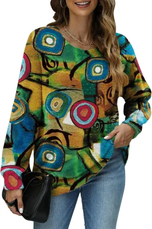 Women Christmas Sweater Graphic Oversized Long Sleeve Boho Printed Loose Fit Casual Knit Pullover Sweaters Top