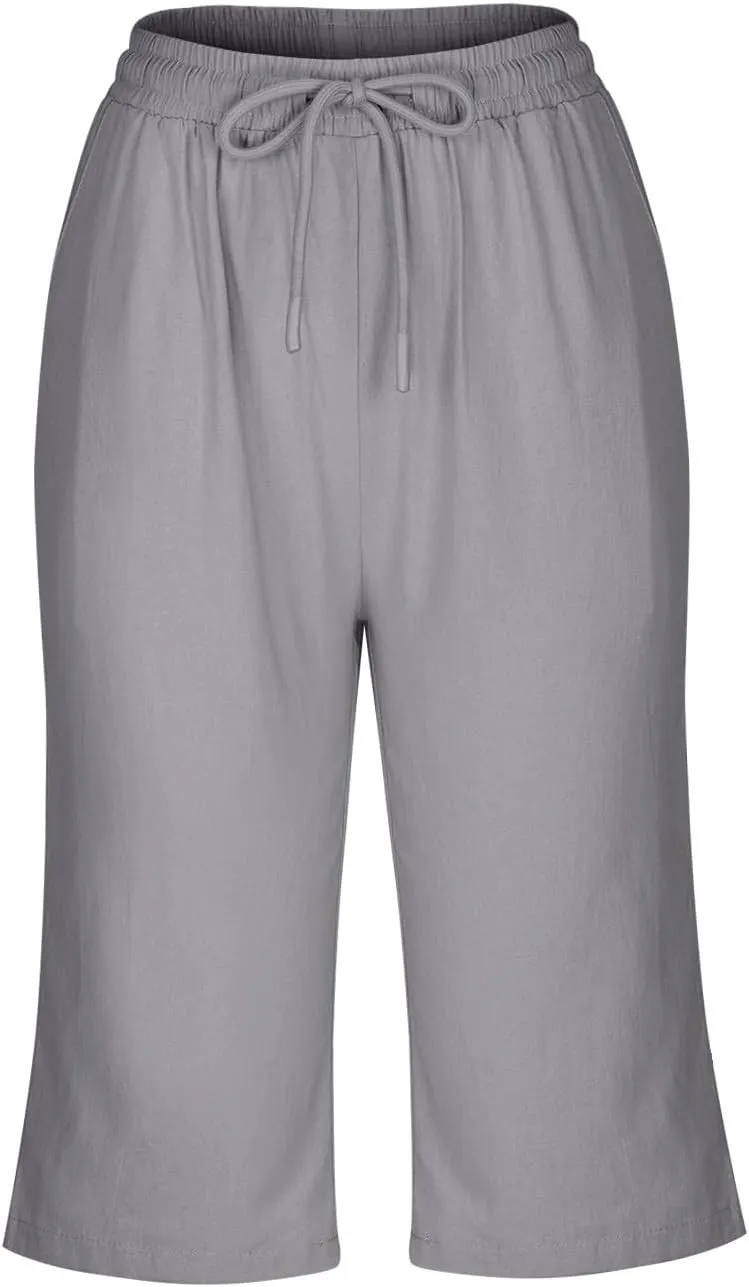 Women Cotton Linen Shorts Summer Knee Length Shorts High Waisted Bermuda Beach Capris Lounge Short Pant with Pocket