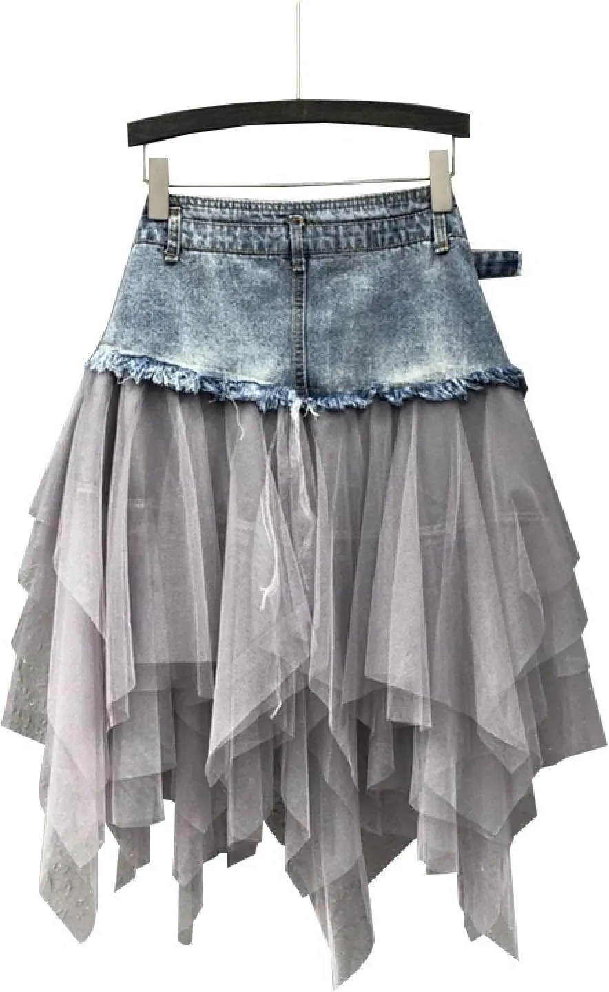 Women Denim Mesh Patchwork Lace Skirt High Waist A Line Asymmetric Frill Tulle Gothic Skirts Mini Denim Skirt