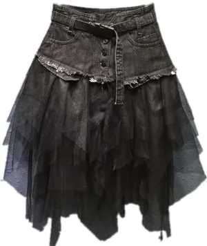 Women Denim Mesh Patchwork Lace Skirt High Waist A Line Asymmetric Frill Tulle Gothic Skirts Mini Denim Skirt