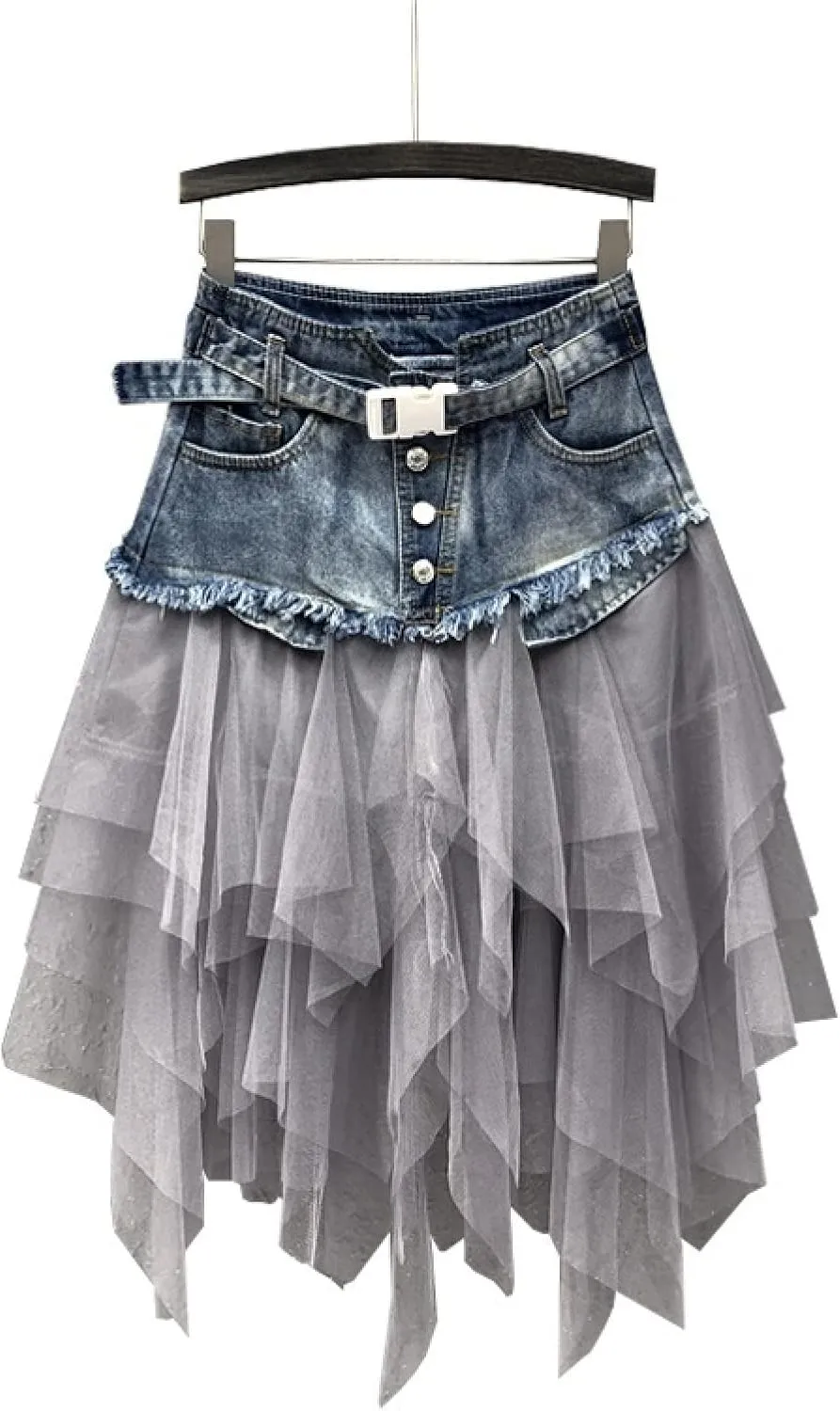 Women Denim Mesh Patchwork Lace Skirt High Waist A Line Asymmetric Frill Tulle Gothic Skirts Mini Denim Skirt