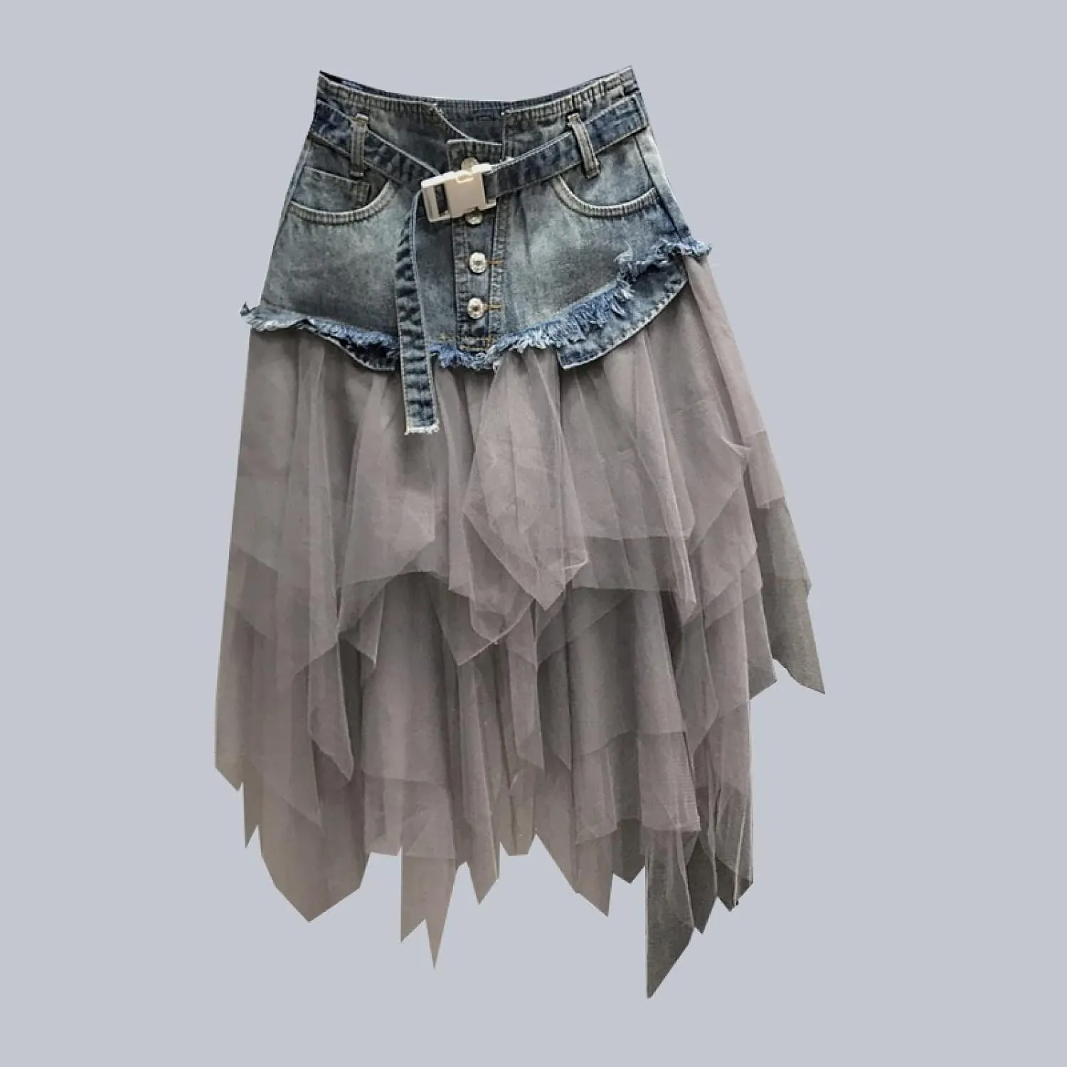 Women Denim Mesh Patchwork Lace Skirt High Waist A Line Asymmetric Frill Tulle Gothic Skirts Mini Denim Skirt