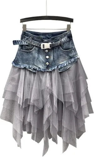 Women Denim Mesh Patchwork Lace Skirt High Waist A Line Asymmetric Frill Tulle Gothic Skirts Mini Denim Skirt