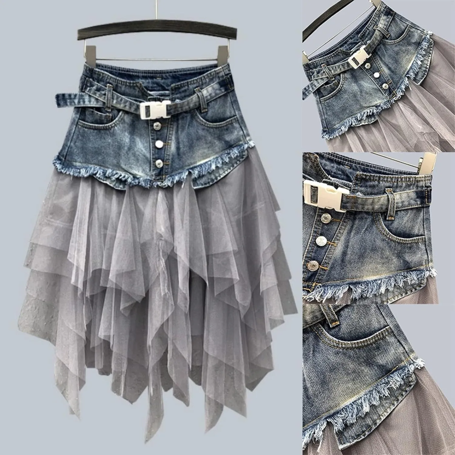 Women Denim Mesh Patchwork Lace Skirt High Waist A Line Asymmetric Frill Tulle Gothic Skirts Mini Denim Skirt